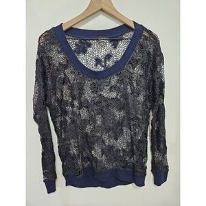 Daytrip Navy Blue Floral Lace Open Knit Cardigan Sweater 41332-LSS-0573 Womens L